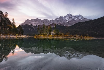 湖边和山脉边的绿树